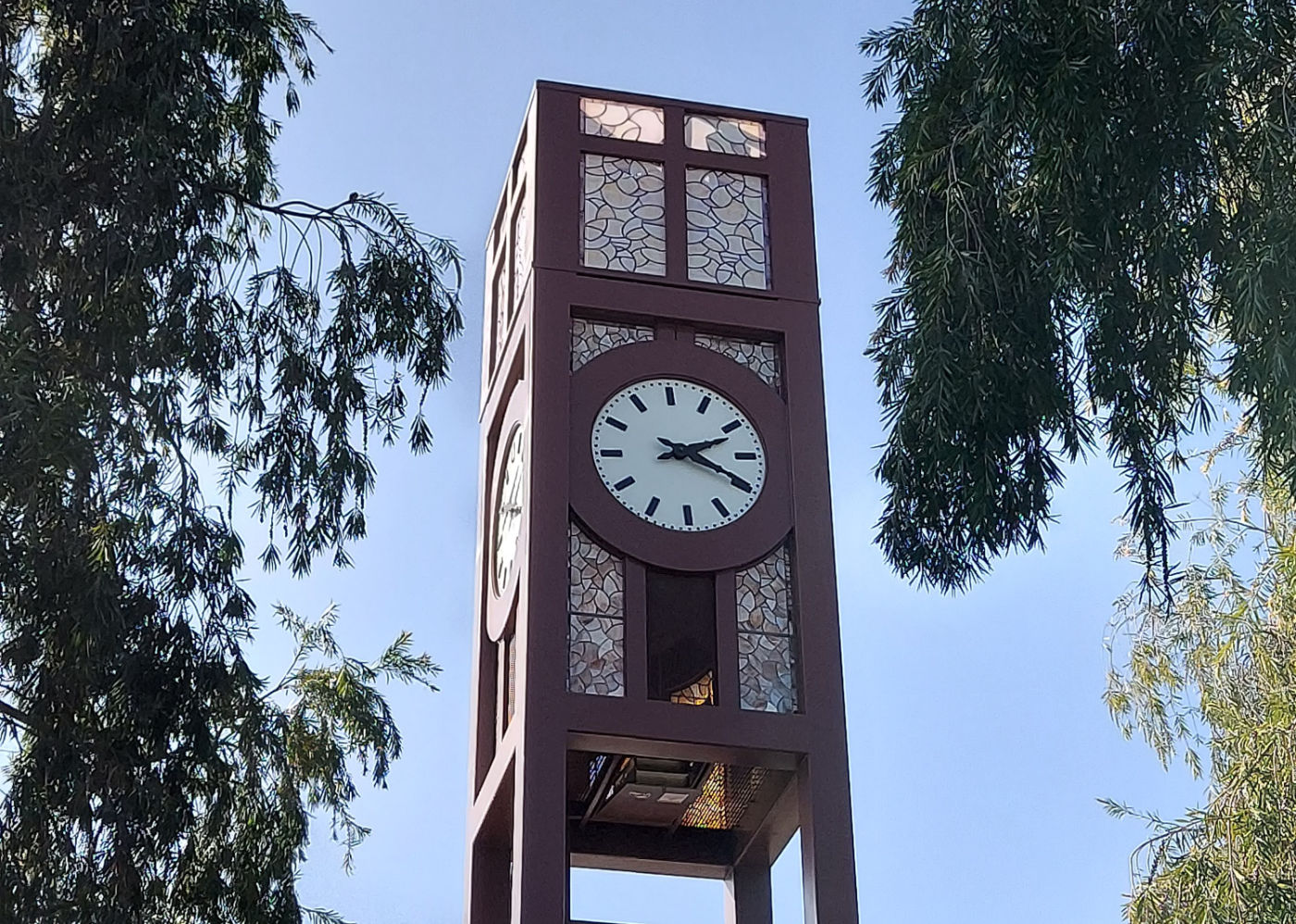 iconic Wishire Presbyterian clock tower in the FPCLA courtyard