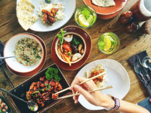 table filled with yummy potluck foods